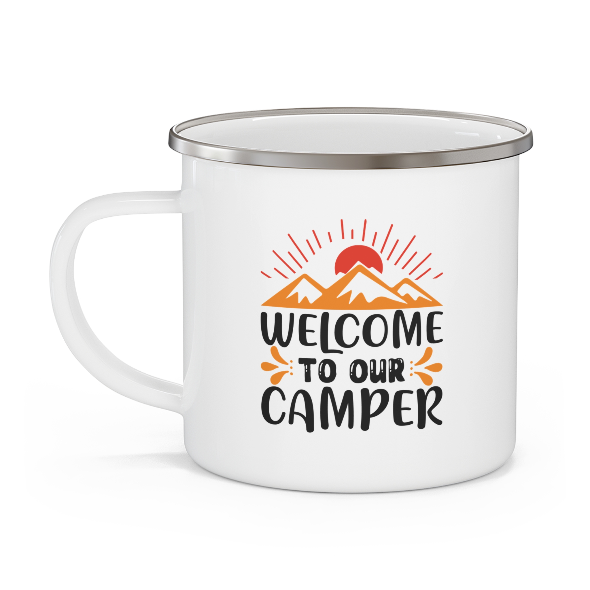 Welcome to Our Camper Enamel Camping Mug — Retro Mountain Coffee Cup - Image 3