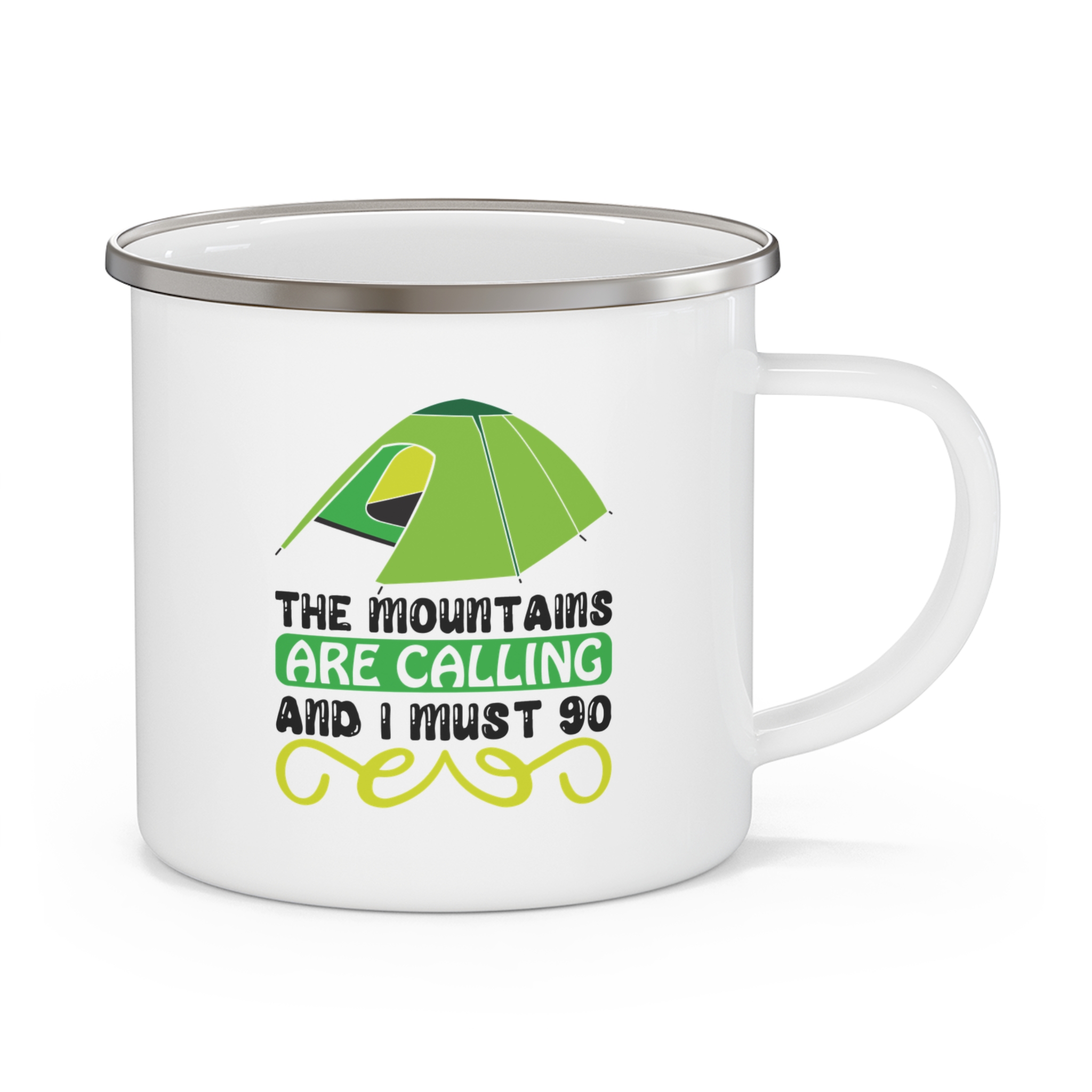 Enamel Camping Mug — 'The Mountains Are Calling and I Must Go' Tent Graphic