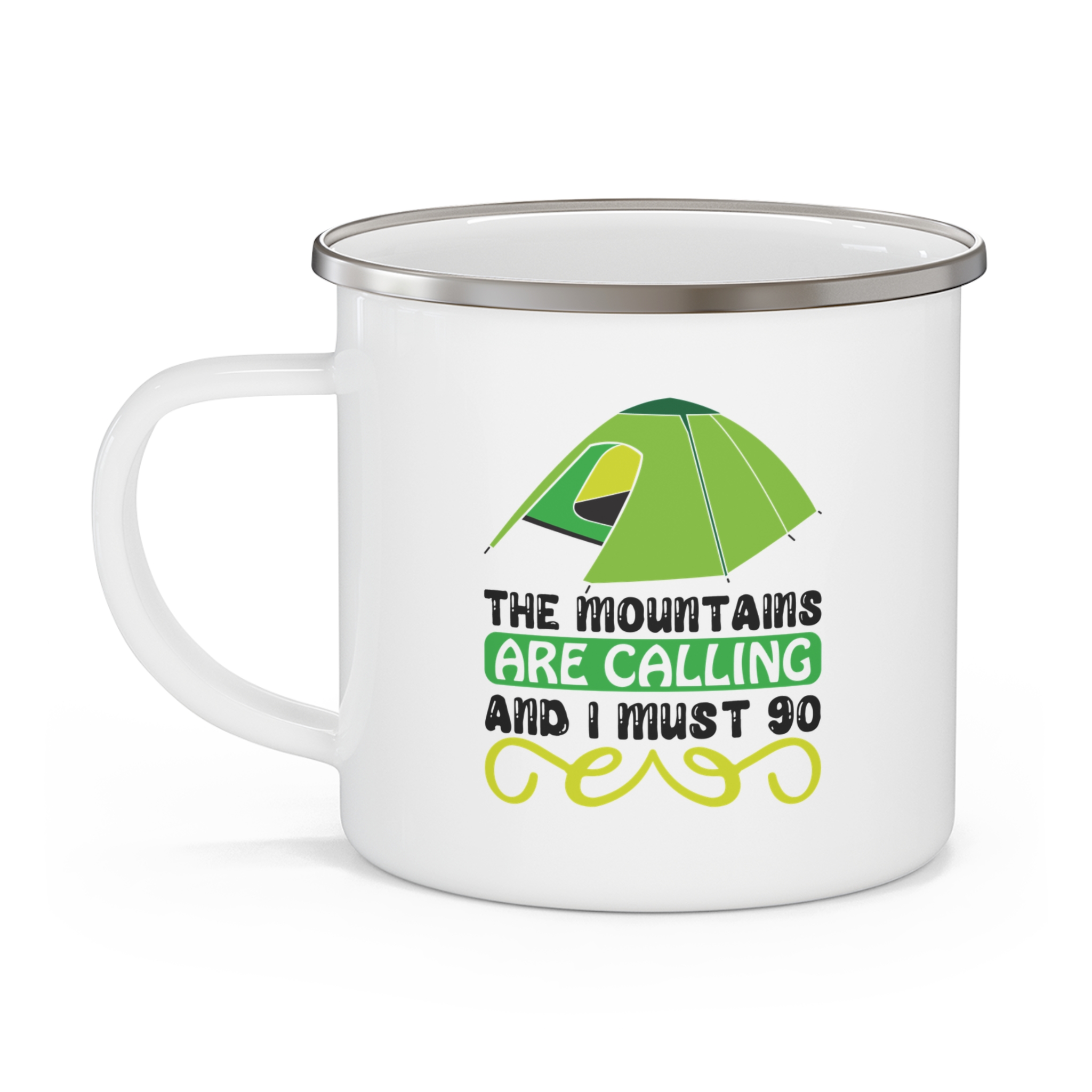 Enamel Camping Mug — 'The Mountains Are Calling and I Must Go' Tent Graphic - Image 3