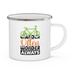 Enamel Camping Mug - 'Wonder Often, Wander Always' Bicycle Adventure Coffee Cup