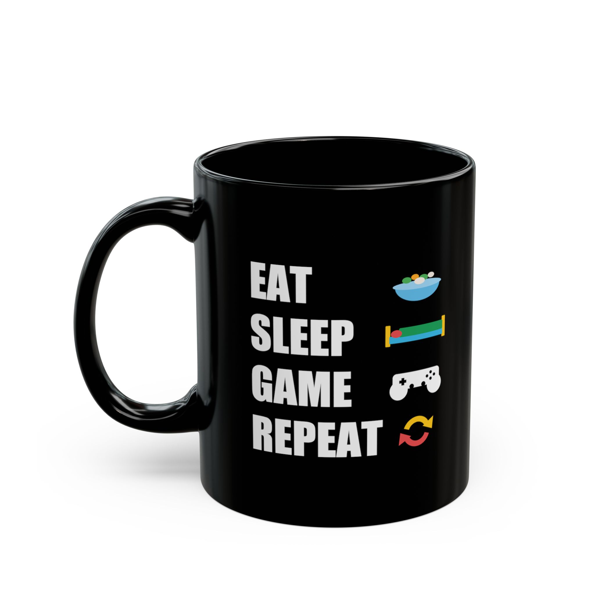 Eat Sleep Game Repeat Black Mug – Funny Gamer Coffee Mug – 11oz/15oz Ceramic Mug - Image 3