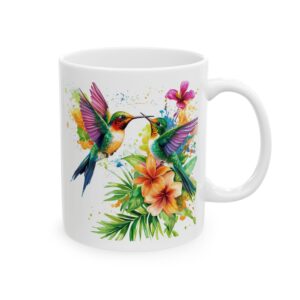 Blue Hummingbirds and Tropical Flowers Watercolor Mug – Bird Lover Coffee Mug – 11oz/15oz Ceramic Mug