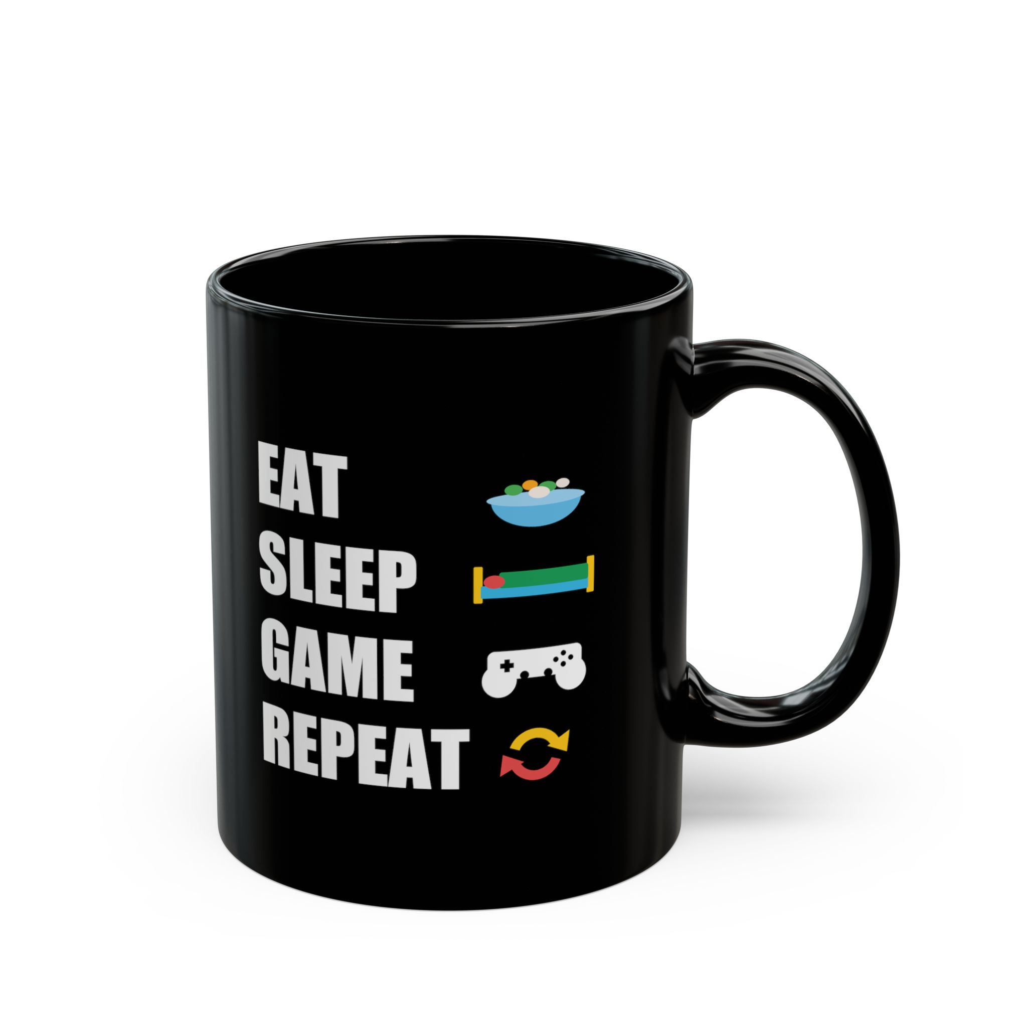 Eat Sleep Game Repeat Black Mug – Funny Gamer Coffee Mug – 11oz/15oz Ceramic Mug