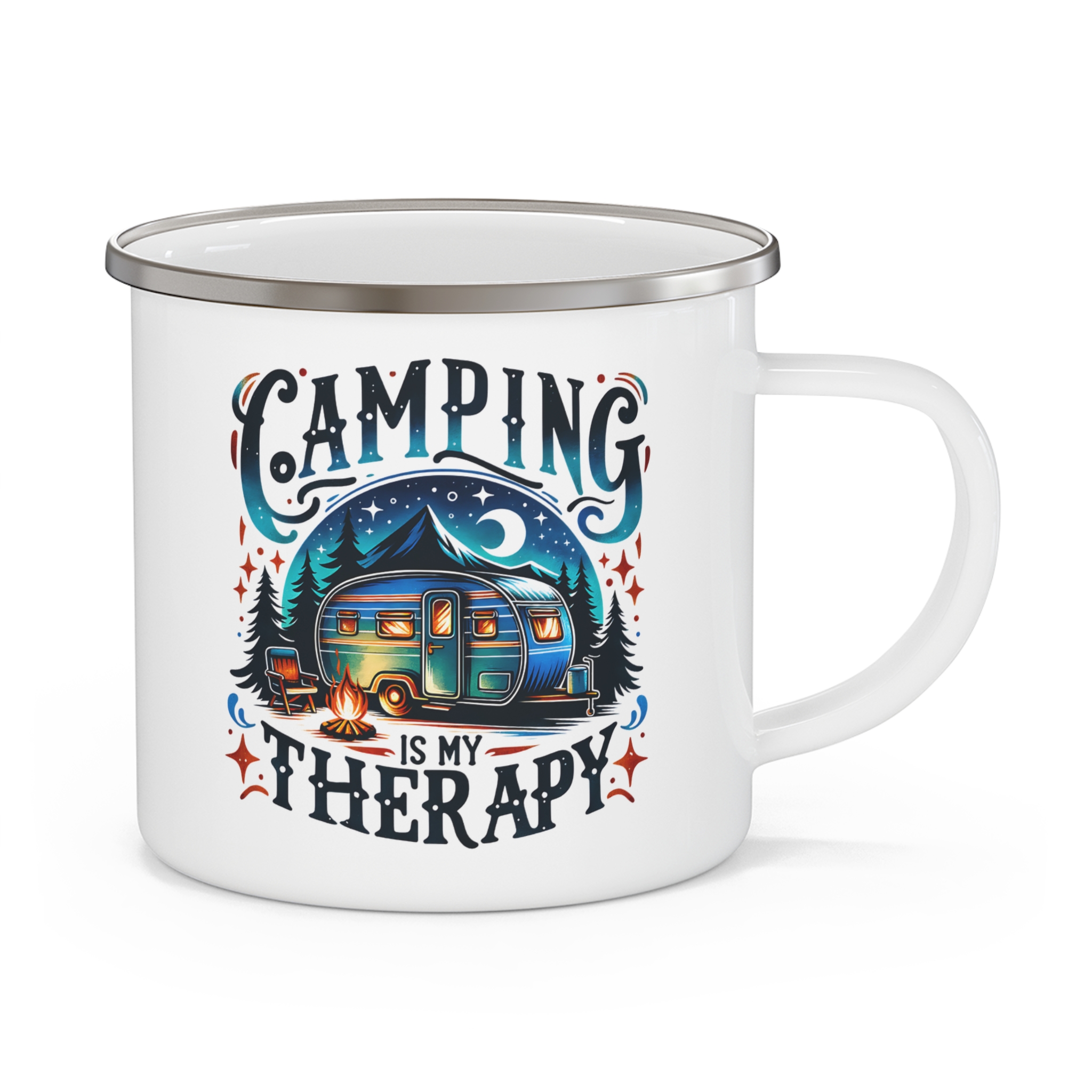 Camping Mug — "Camping Is My Therapy" Enamel Camper Coffee Cup
