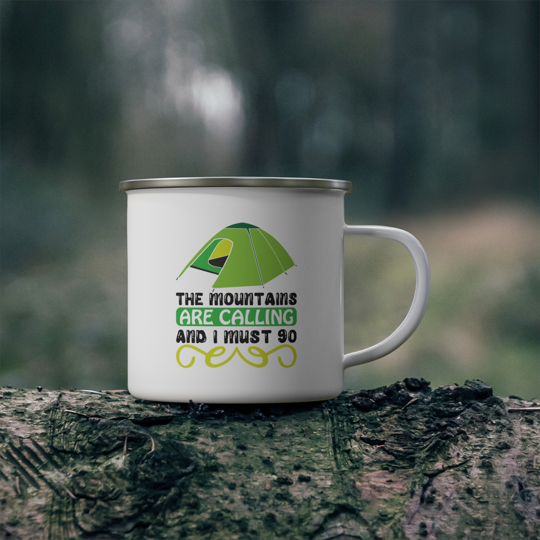 Enamel Camping Mug — 'The Mountains Are Calling and I Must Go' Tent Graphic - Image 4