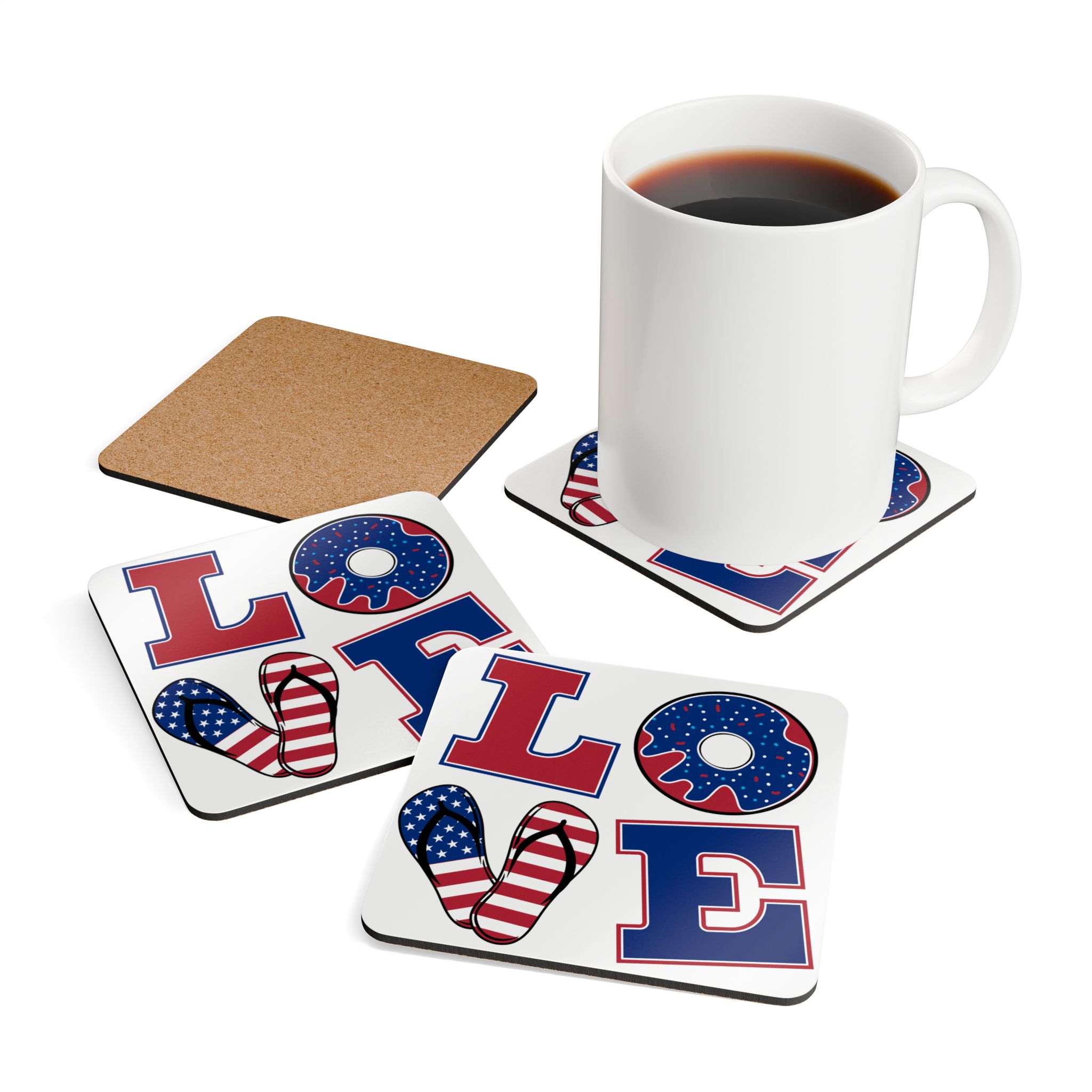 Patriotic 'LOVE' Cork Coaster Set — 4-Pack Americana Flip-Flop & Donut Drink Coasters (Fourth of July, Summer BBQ) - Image 4