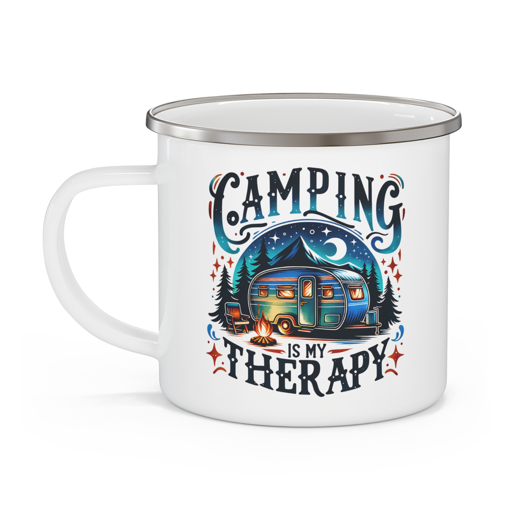 Camping Mug — "Camping Is My Therapy" Enamel Camper Coffee Cup - Image 3