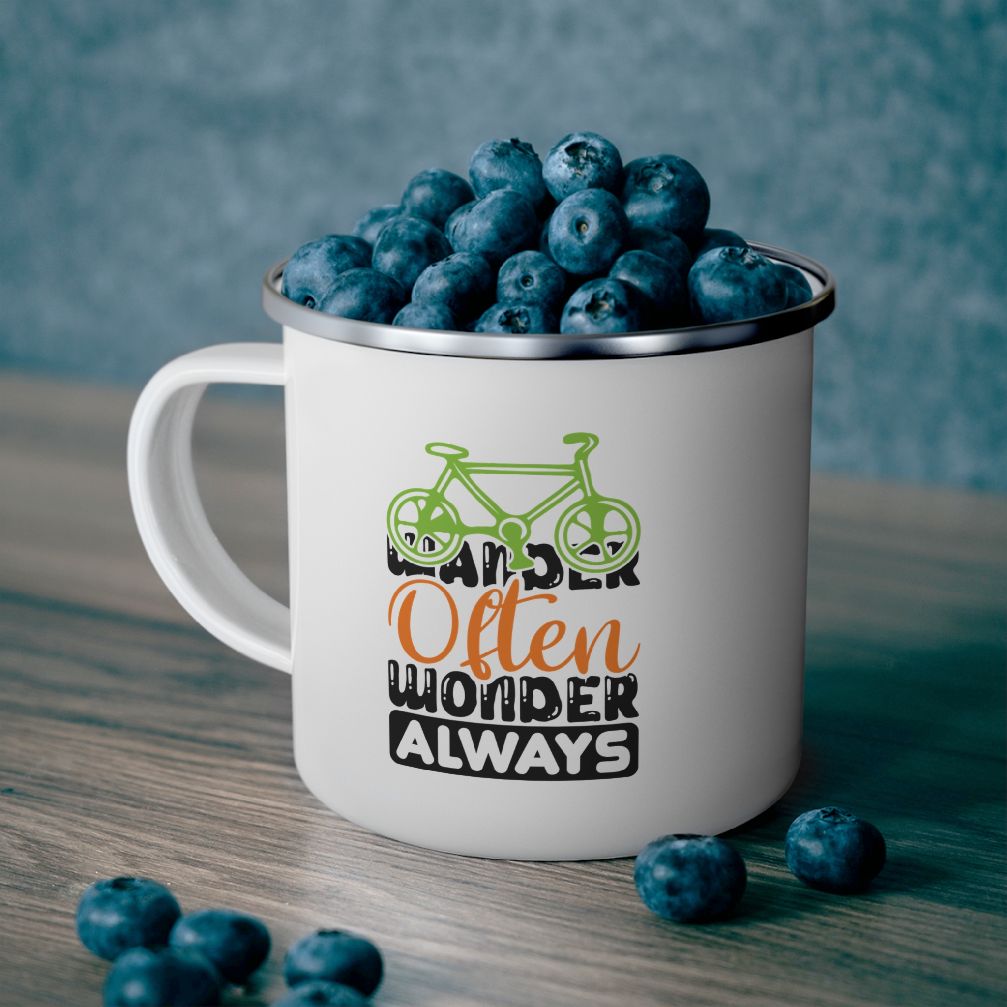 Enamel Camping Mug - 'Wonder Often, Wander Always' Bicycle Adventure Coffee Cup - Image 5
