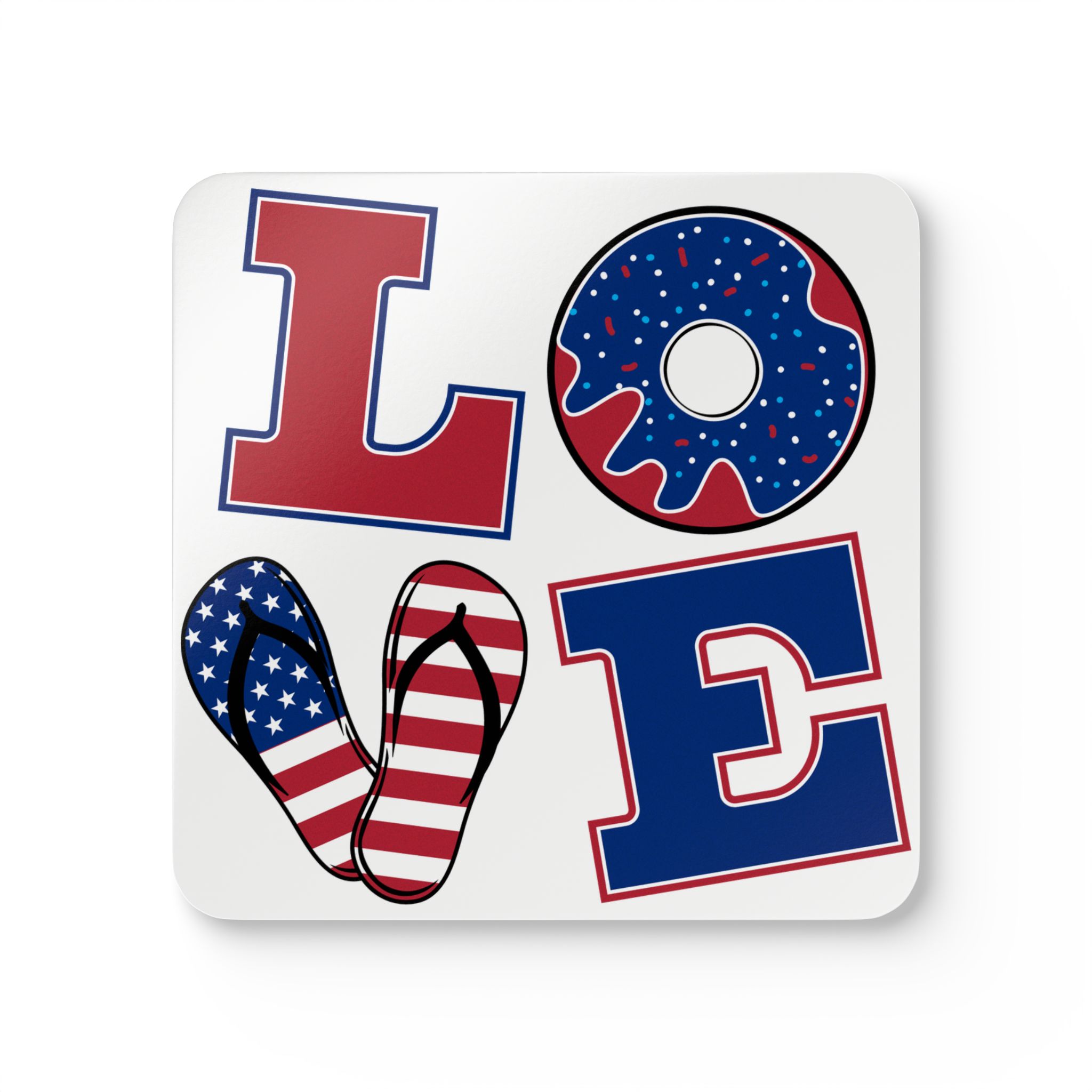 Patriotic 'LOVE' Cork Coaster Set — 4-Pack Americana Flip-Flop & Donut Drink Coasters (Fourth of July, Summer BBQ)