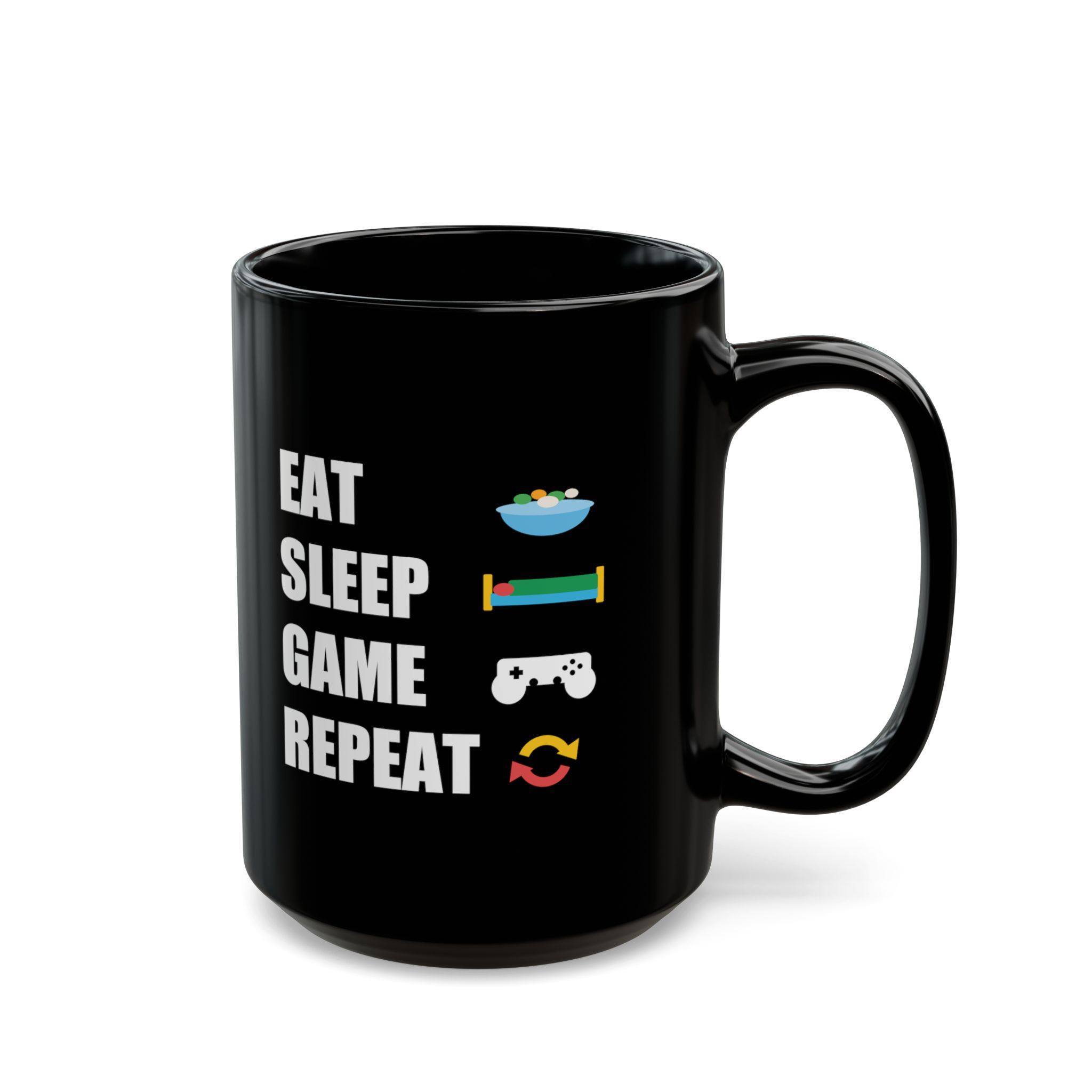 Eat Sleep Game Repeat Black Mug – Funny Gamer Coffee Mug – 11oz/15oz Ceramic Mug - Image 6