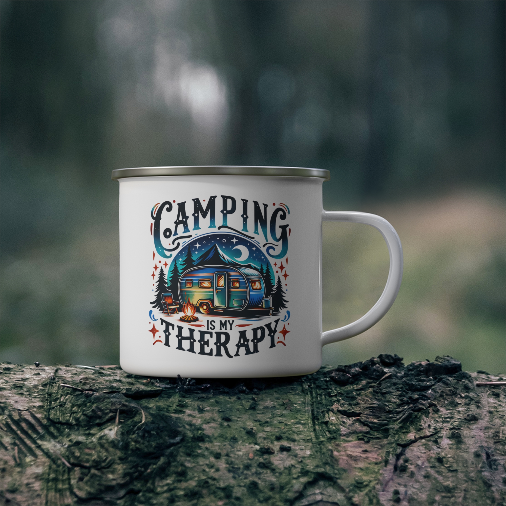 Camping Mug — "Camping Is My Therapy" Enamel Camper Coffee Cup - Image 4