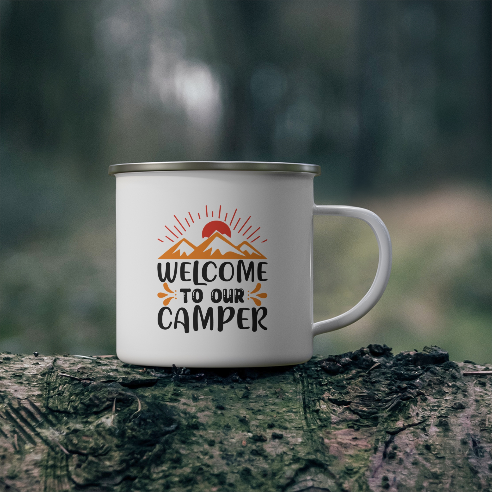 Welcome to Our Camper Enamel Camping Mug — Retro Mountain Coffee Cup - Image 4
