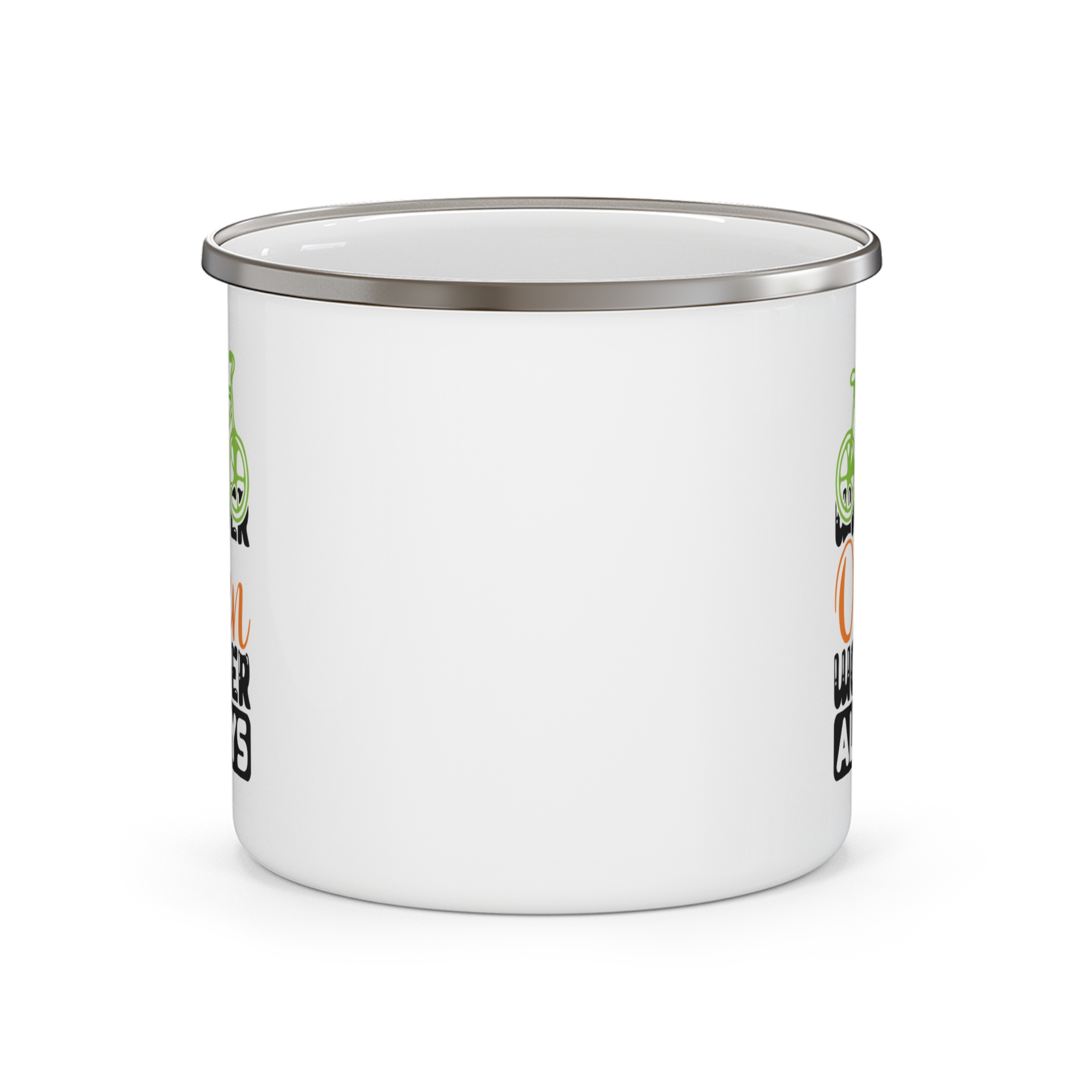 Enamel Camping Mug - 'Wonder Often, Wander Always' Bicycle Adventure Coffee Cup - Image 2