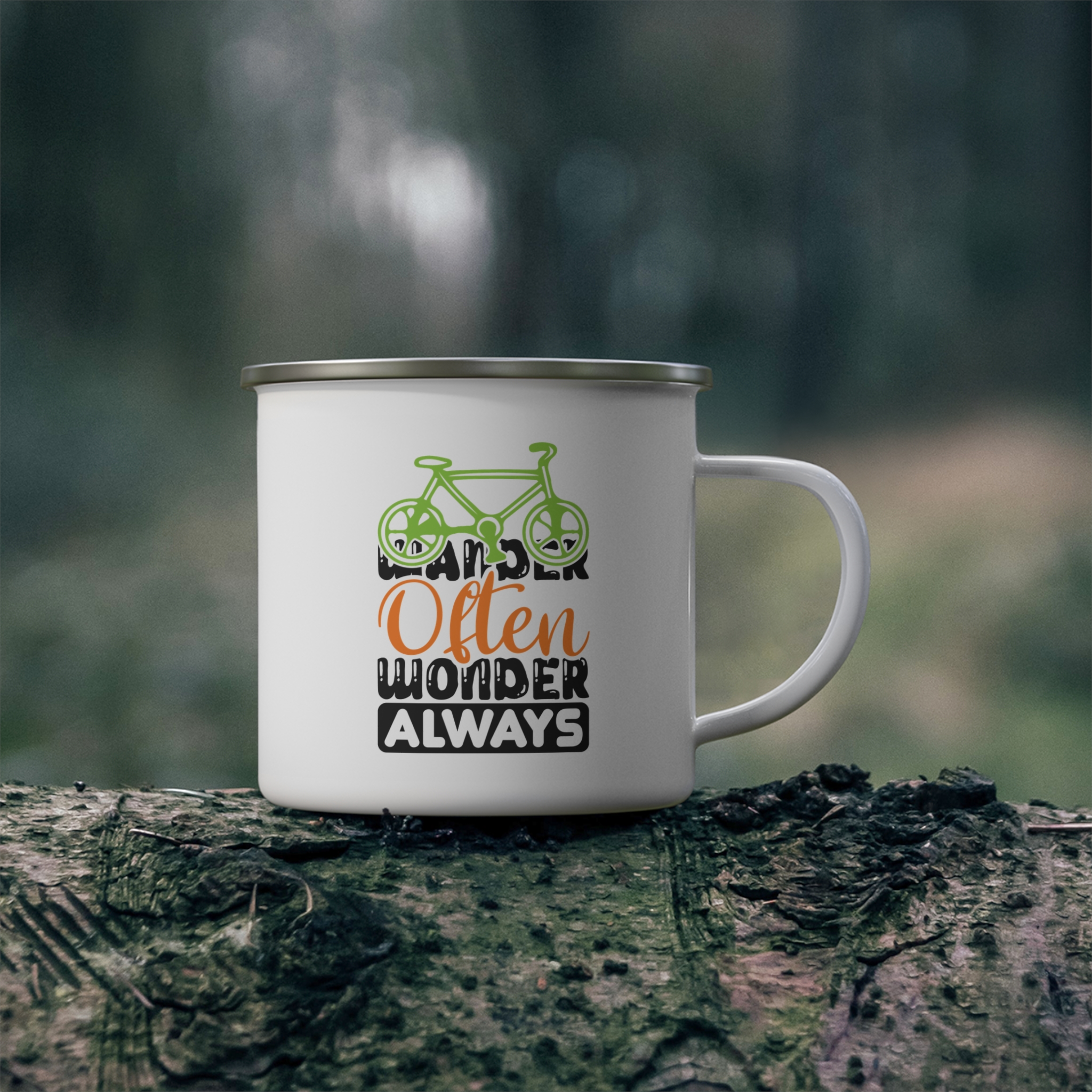 Enamel Camping Mug - 'Wonder Often, Wander Always' Bicycle Adventure Coffee Cup - Image 4