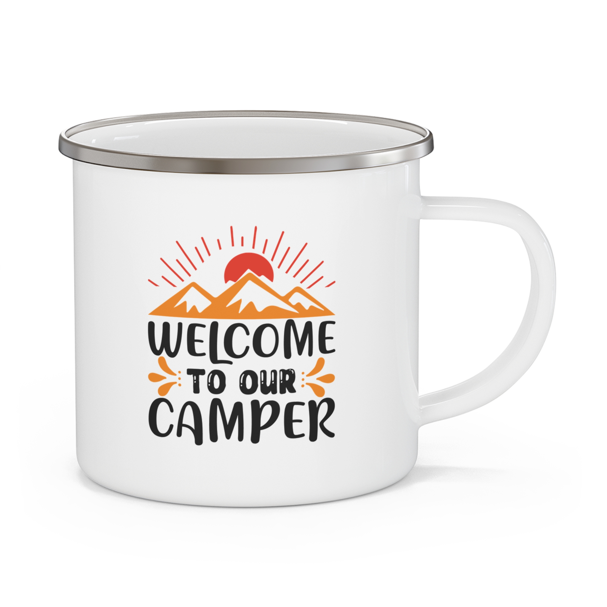 Welcome to Our Camper Enamel Camping Mug — Retro Mountain Coffee Cup