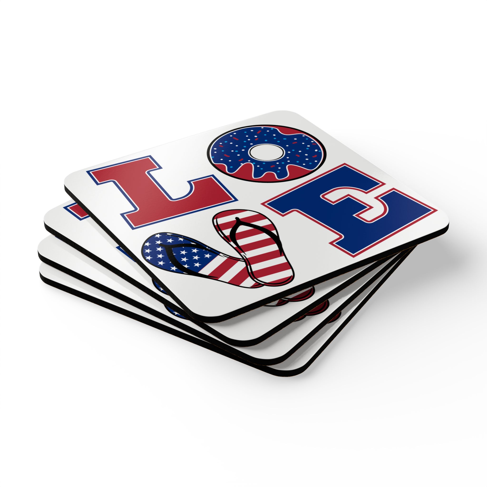 Patriotic 'LOVE' Cork Coaster Set — 4-Pack Americana Flip-Flop & Donut Drink Coasters (Fourth of July, Summer BBQ) - Image 3
