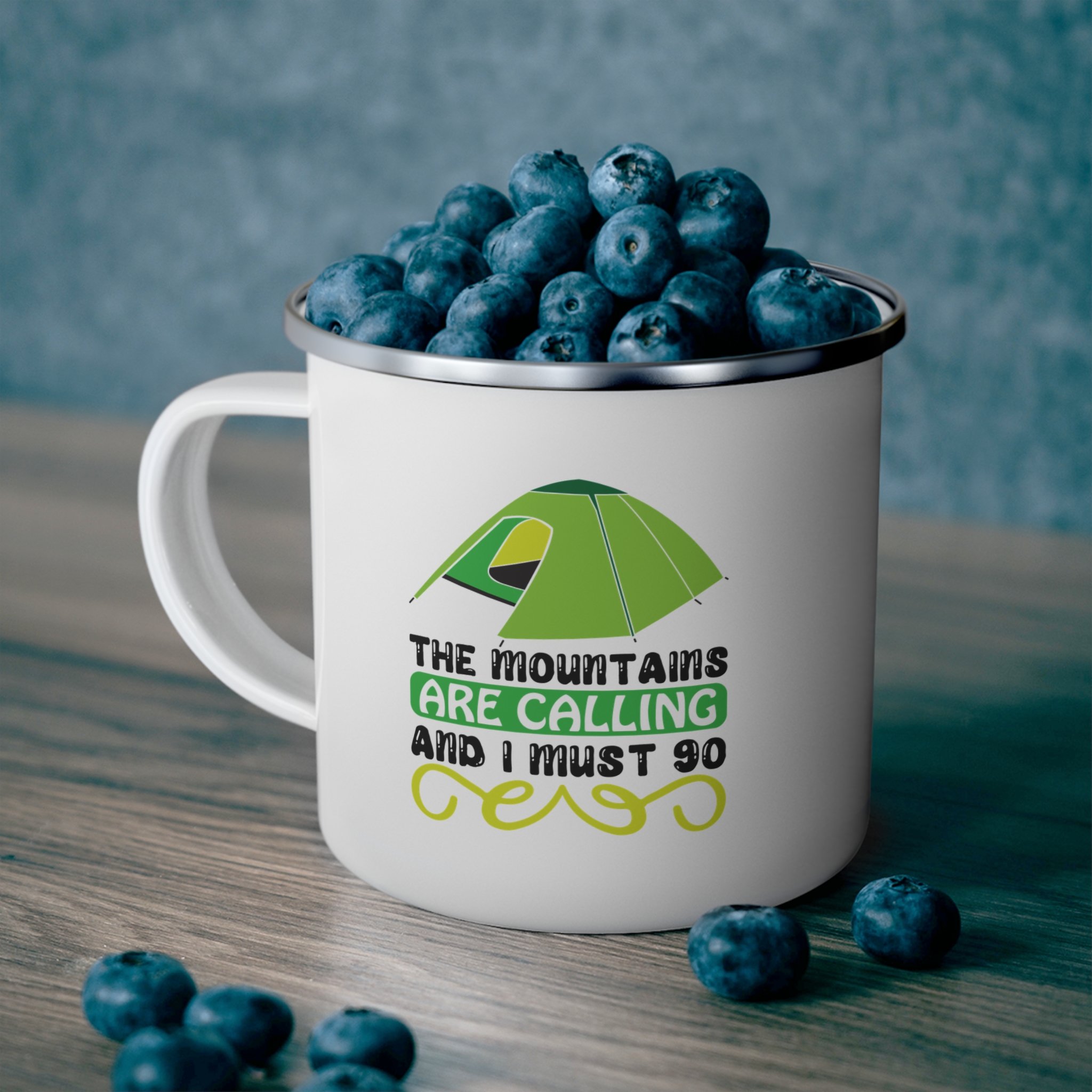Enamel Camping Mug — 'The Mountains Are Calling and I Must Go' Tent Graphic - Image 5