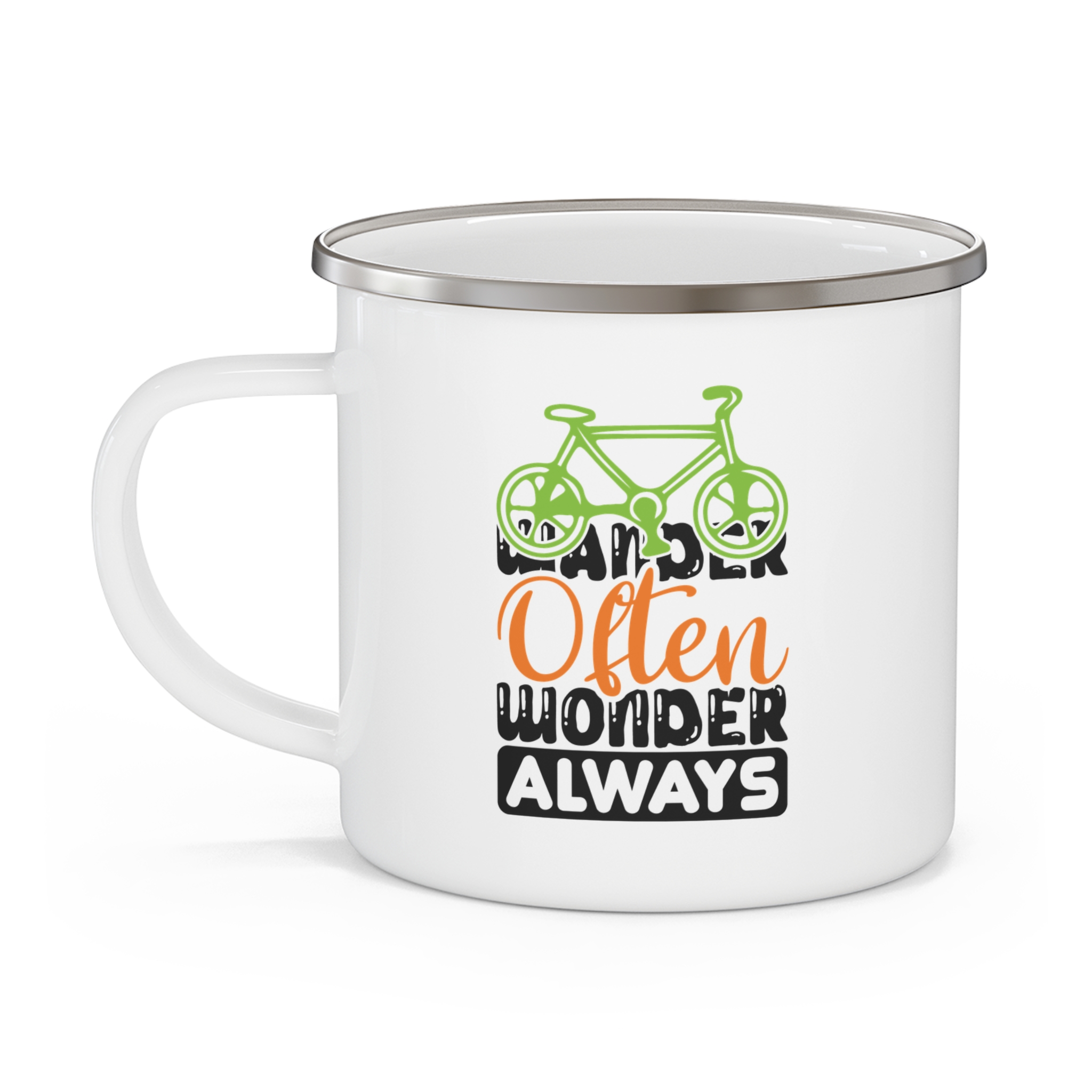 Enamel Camping Mug - 'Wonder Often, Wander Always' Bicycle Adventure Coffee Cup - Image 3