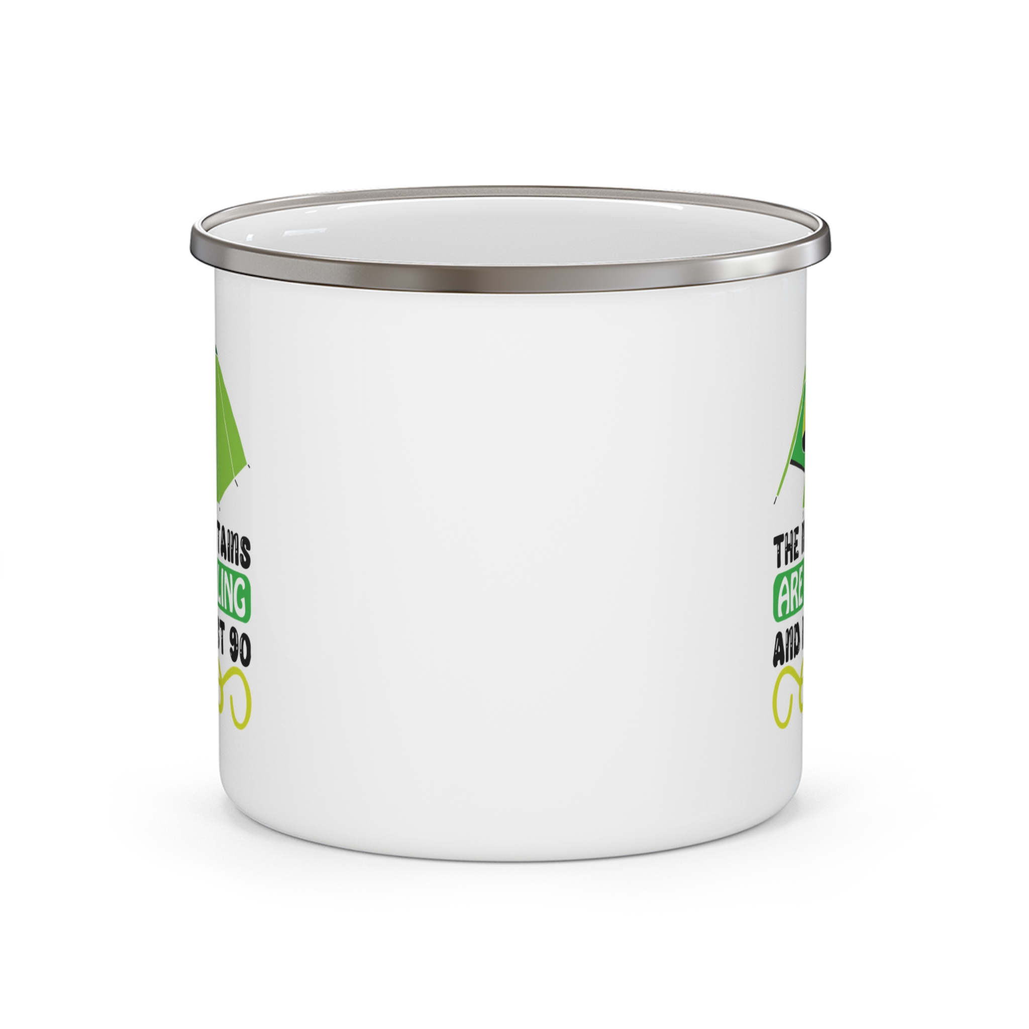 Enamel Camping Mug — 'The Mountains Are Calling and I Must Go' Tent Graphic - Image 2